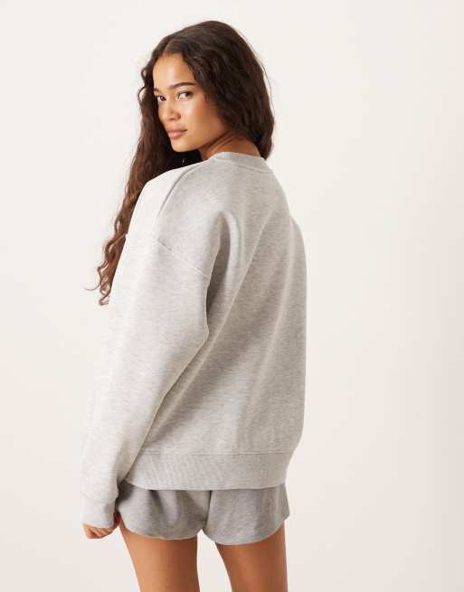 Gina Tricot printed graphic relaxed fit sweater in light grey melange, 4 of 4