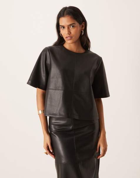 Gina Tricot PU boxy fit short sleeve top in black - view 1