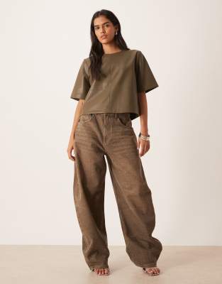 Gina Tricot Pu Boxy Fit Short Sleeve Top In Green