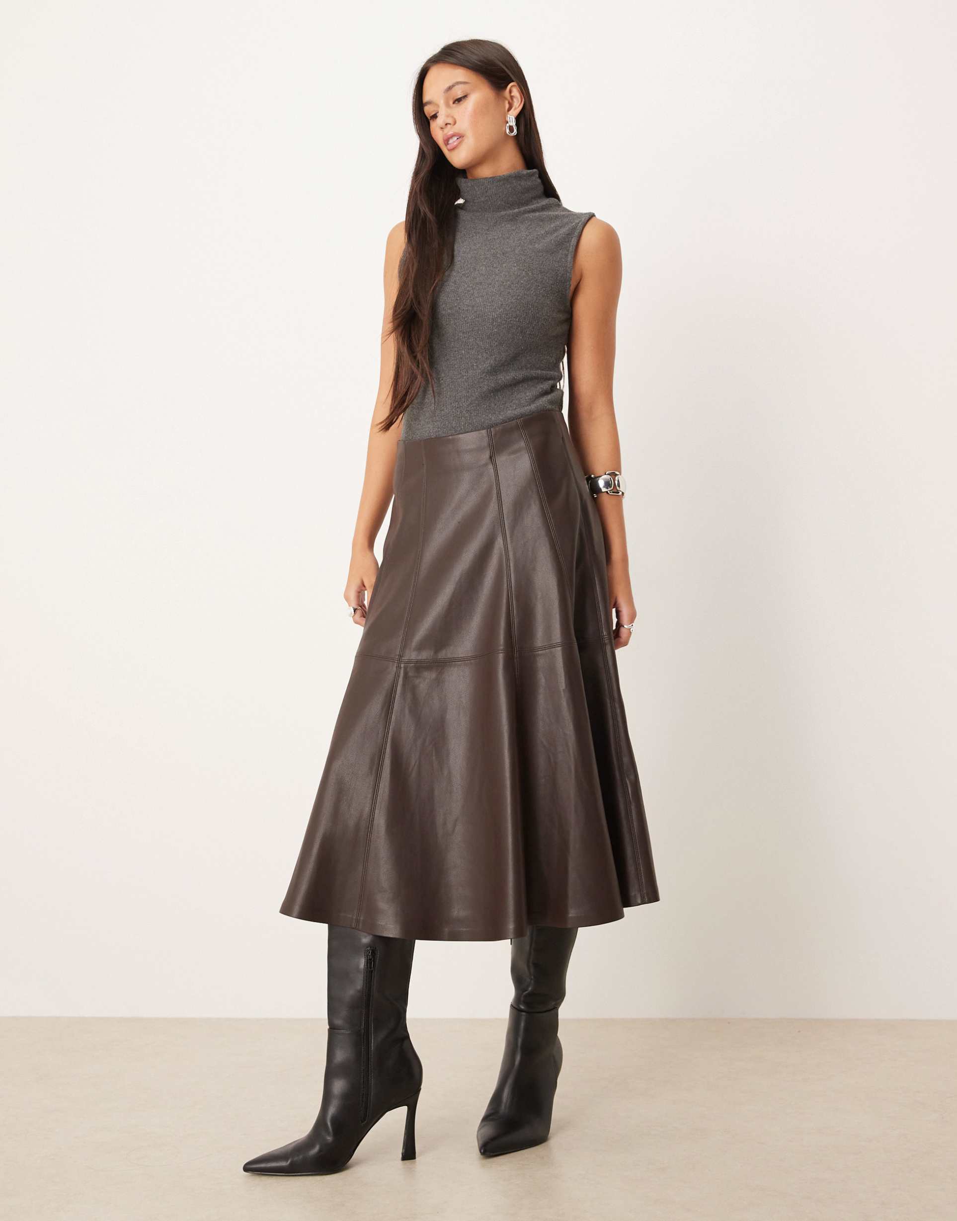 gina tricot pu midi skirt in brown
