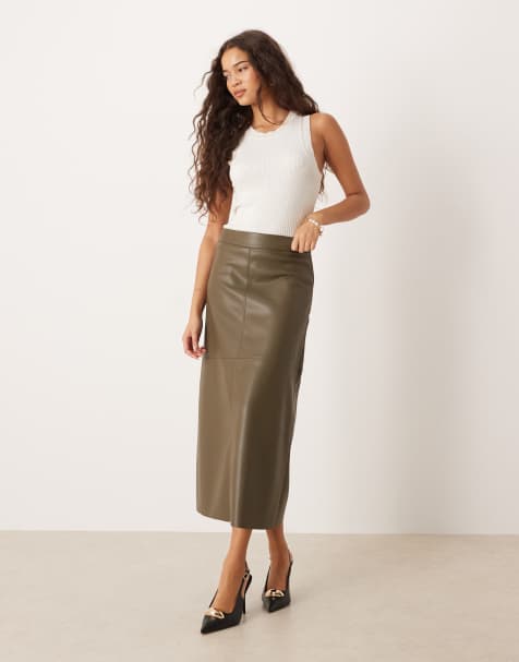 Gina Tricot PU midi skirt in dark khaki green - view 1