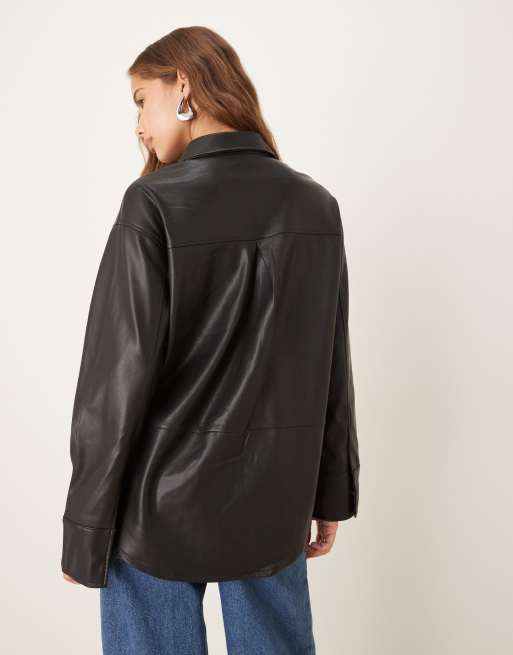 Gina Tricot PU relaxed fit shirt in black, 3 of 4