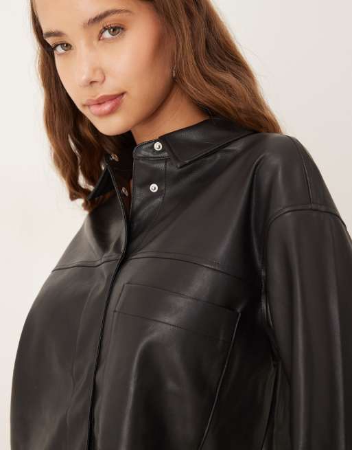 Gina Tricot PU relaxed fit shirt in black ASOS