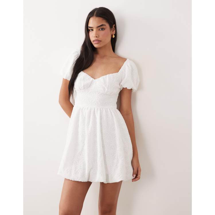 Gina Tricot puff short sleeve flower embroidered mini dress in white | ASOS