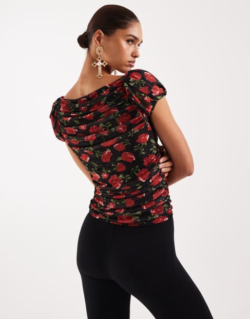 Gina Tricot puff short sleeve mesh top in black with red rose print, 2 of 4