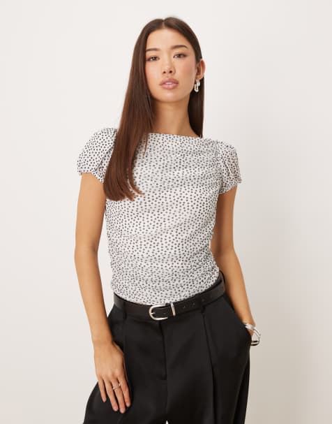 Gina Tricot puff short sleeve mesh top in white with black polka dot - view 1