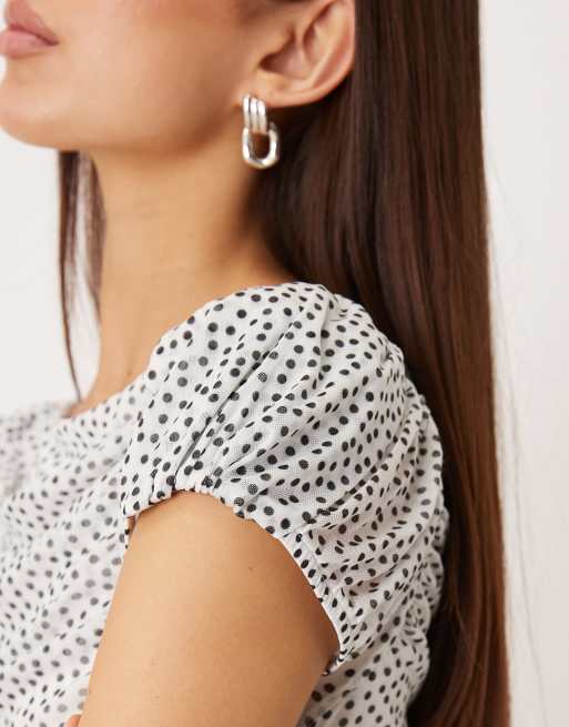Gina Tricot puff short sleeve mesh top in white with black polka dot, 3 of 4