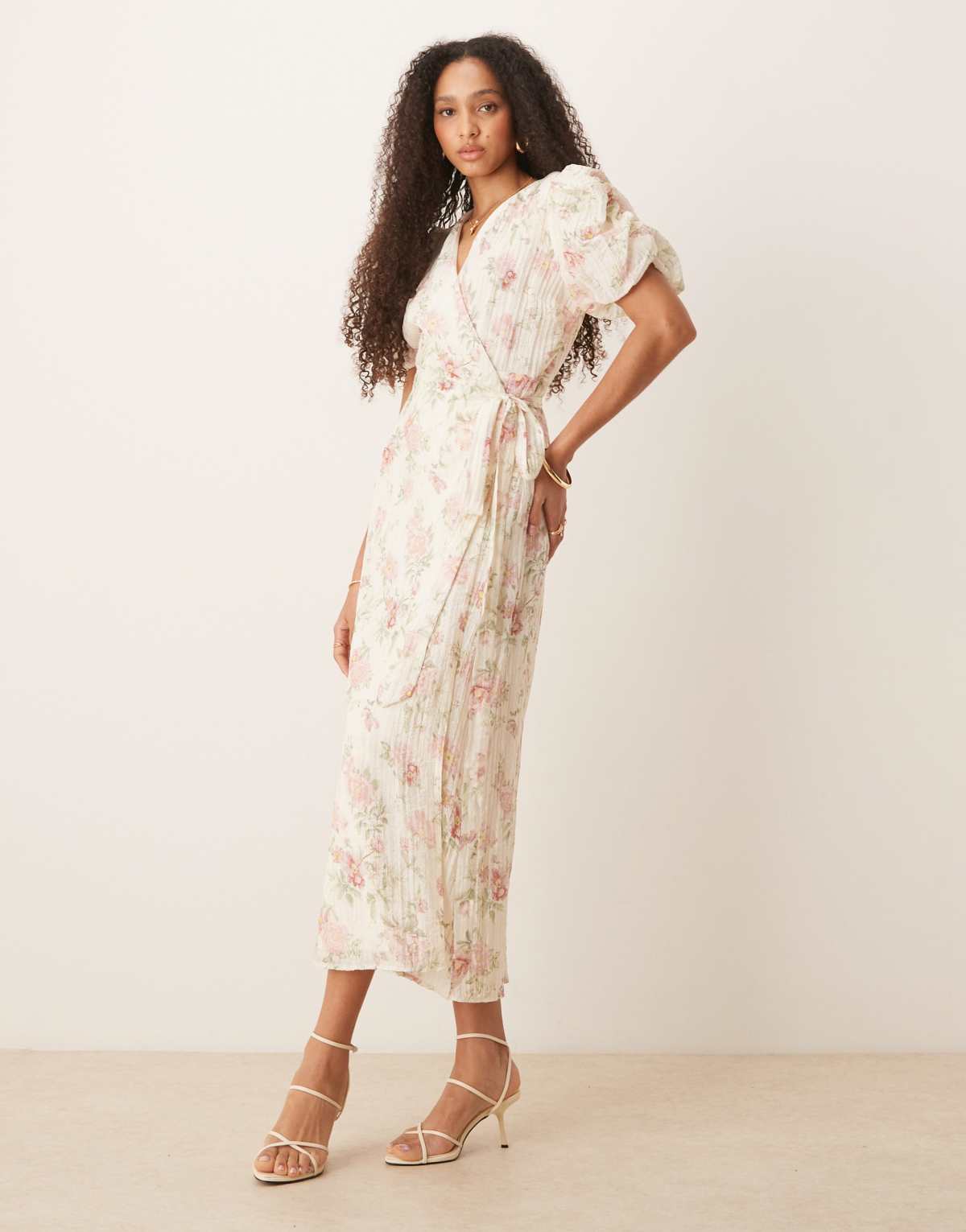 Gina Tricot puff short sleeve v neck wrap tie front midi dress in yellow flower print