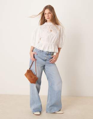 Gina Tricot Puff Sleeve Blouse Top With Embroidered Cutwork Front Bodice Detail In White