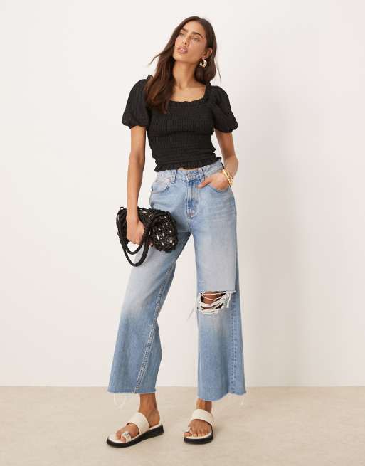 Gina Tricot puff sleeve frill shirred top in black, 2 of 4