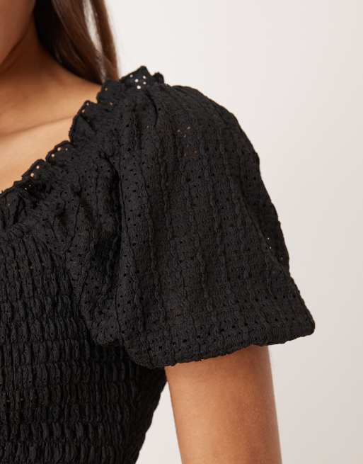 Gina Tricot puff sleeve frill shirred top in black, 3 of 4