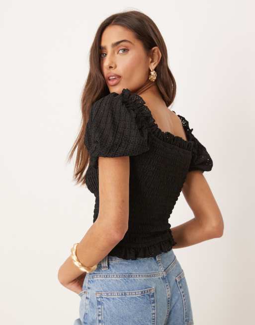 Gina Tricot puff sleeve frill shirred top in black, 4 of 4