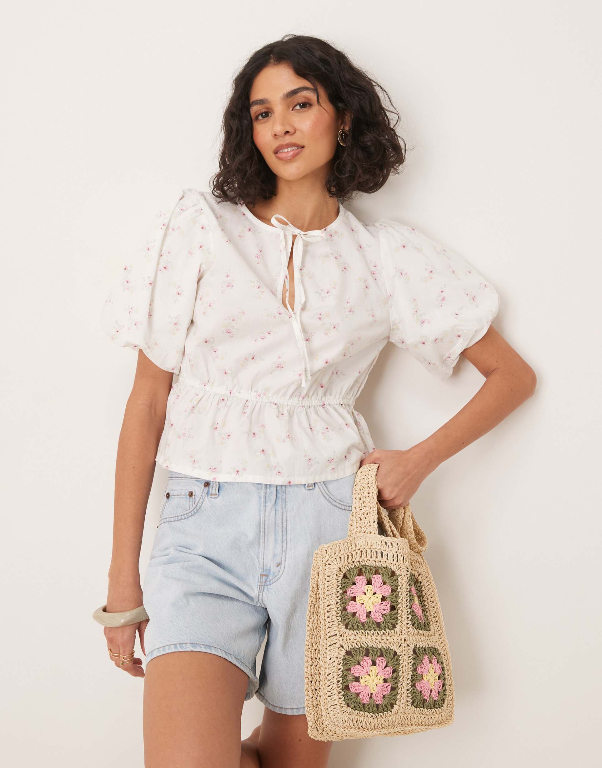 gina tricot puff sleeves blouse top with tie front in ditsy floral print