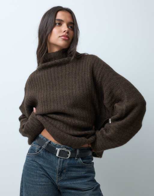Gina Tricot pull à col roulé en maille mélange de laine chocolat, 2 de 5
