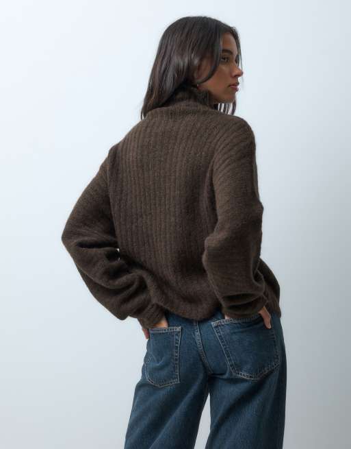 Gina Tricot pull à col roulé en maille mélange de laine chocolat, 4 de 5
