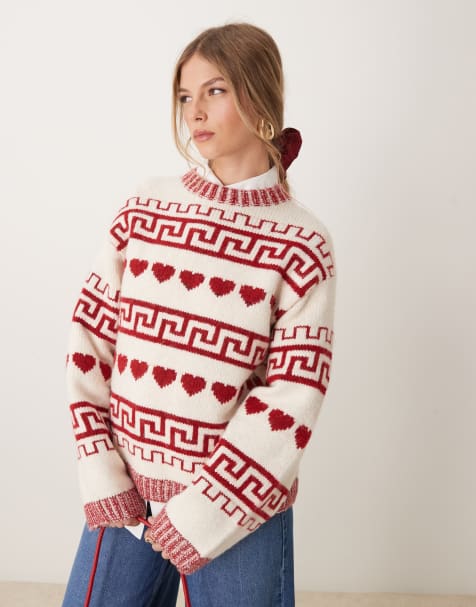 Gina Tricot - Pull en maille jacquard à cœurs rouges - Crème - view 1