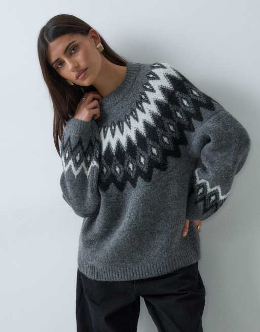 Gina Tricot pull en maille ras de cou jacquard en gris foncé, 2 de 5