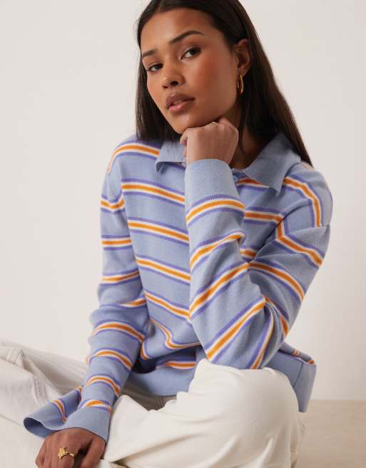 Gina Tricot - Pull en maille rayée avec col - Bleu et orange, 2 de 4
