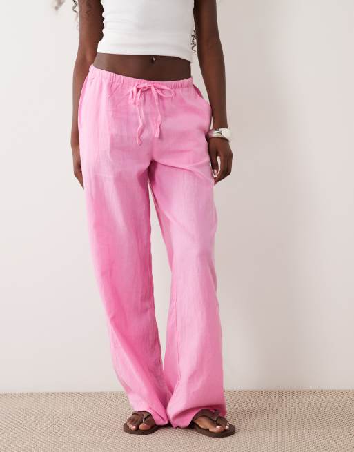 Gina Tricot pull-on bukser i hørblanding med lommer i pink, 2 af 5