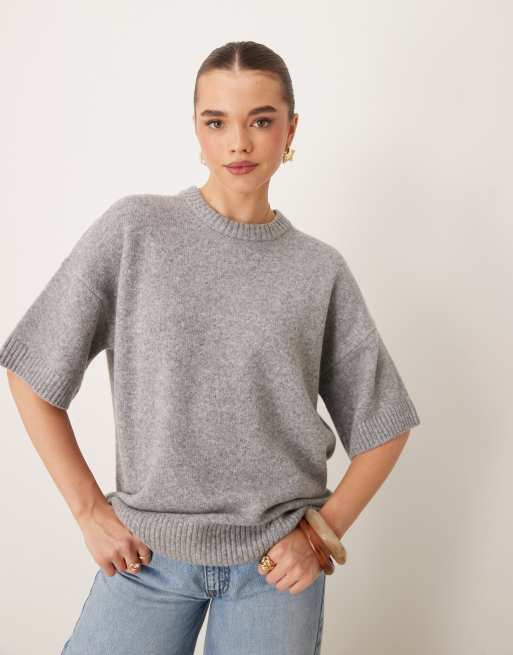 Gina Tricot - Pull oversize en maille à manches courtes - Gris chiné, 2 de 4