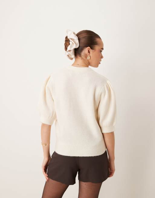 Pull Blanc En Angora Fait Main - Manches Courtes, Léger Et Doux Pour Femme Taille XL