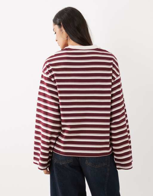 Gina Tricot pure cotton basic long sleeve t-shirt in burgundy stripe, 4 of 4