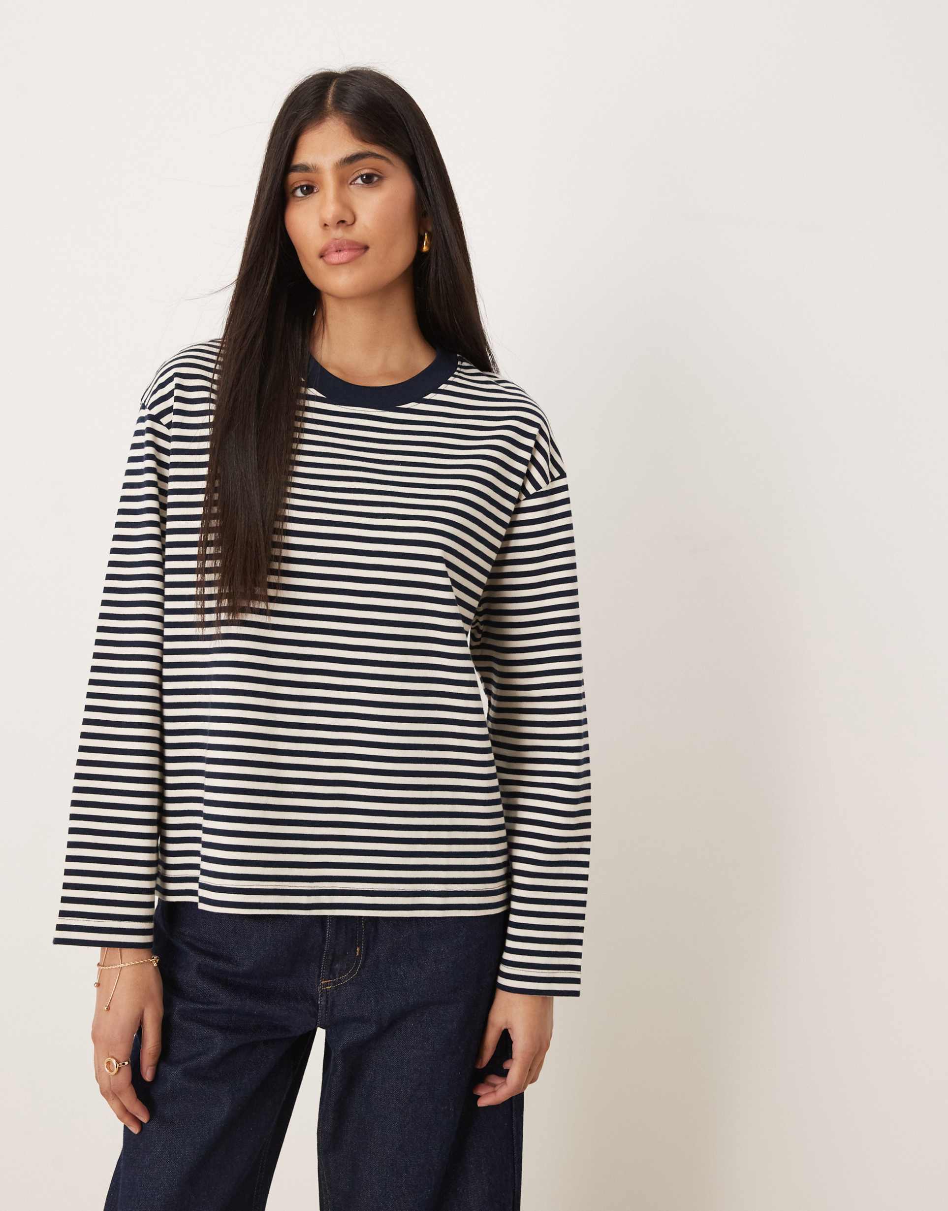 gina tricot pure cotton basic long sleeve t-shirt in navy and white stripe