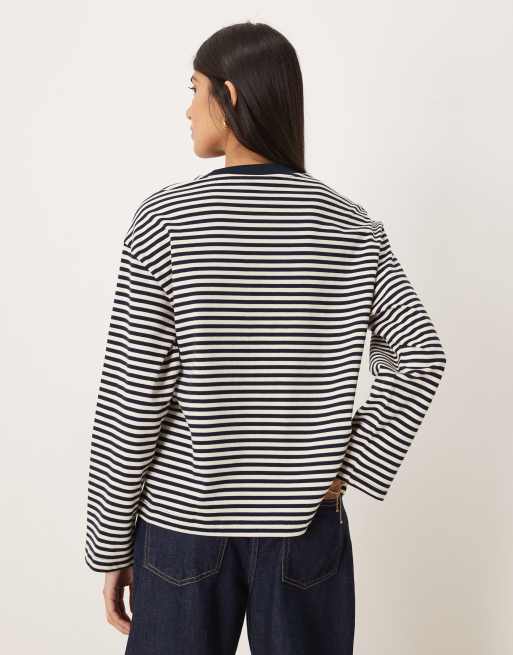 Gina Tricot pure cotton basic long sleeve T-shirt in navy and white stripe, 3 of 4