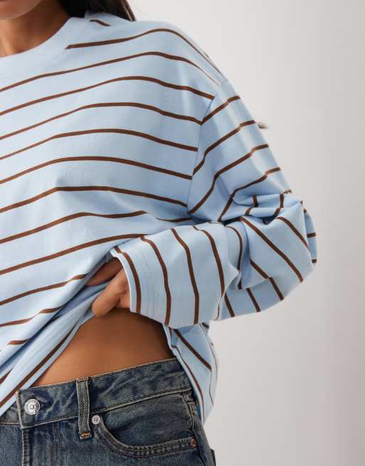 Gina Tricot pure cotton basic long sleeve t-shirt in pale blue stripe, 3 of 4