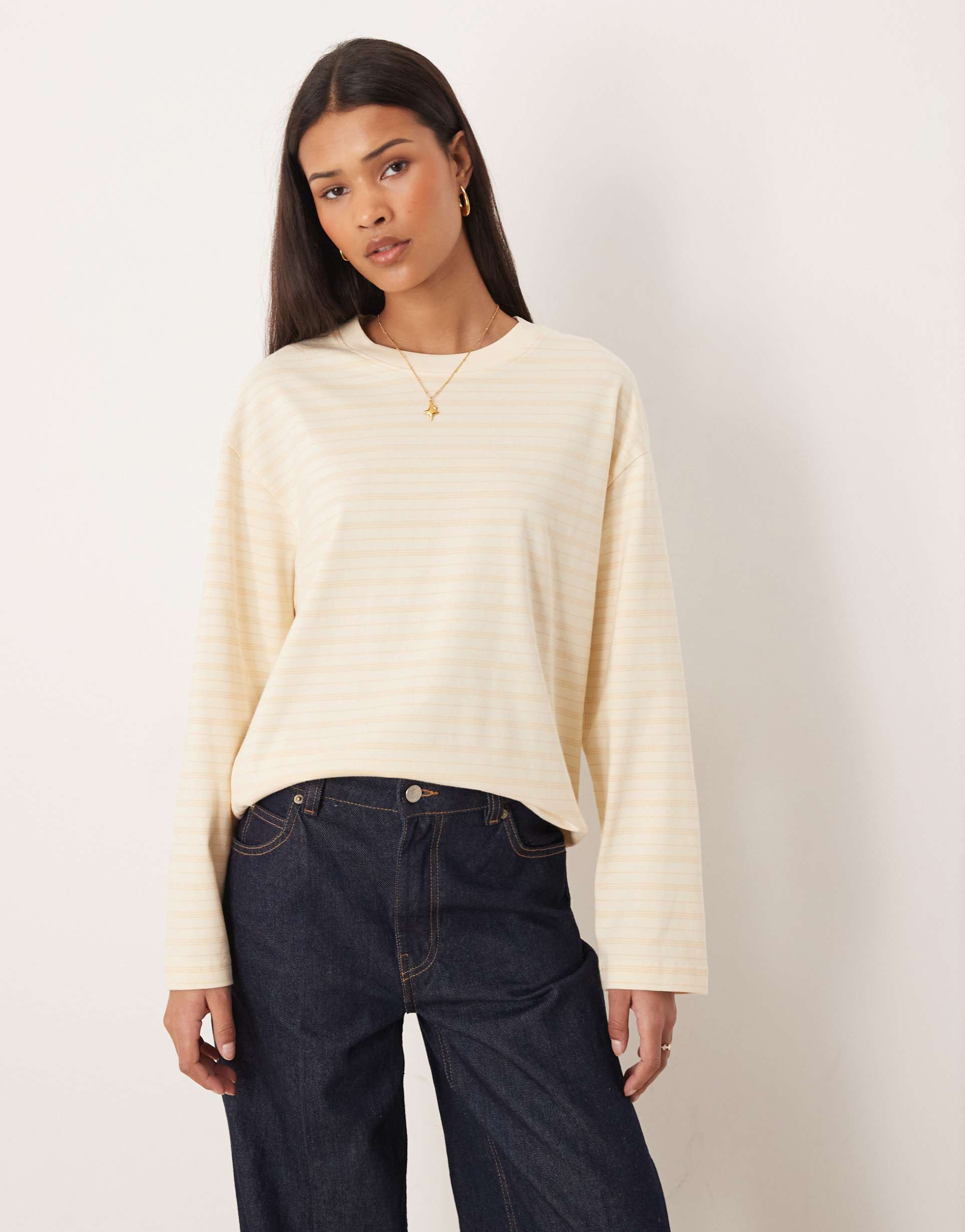 gina tricot pure cotton basic long sleeve t-shirt in yellow and white stripe