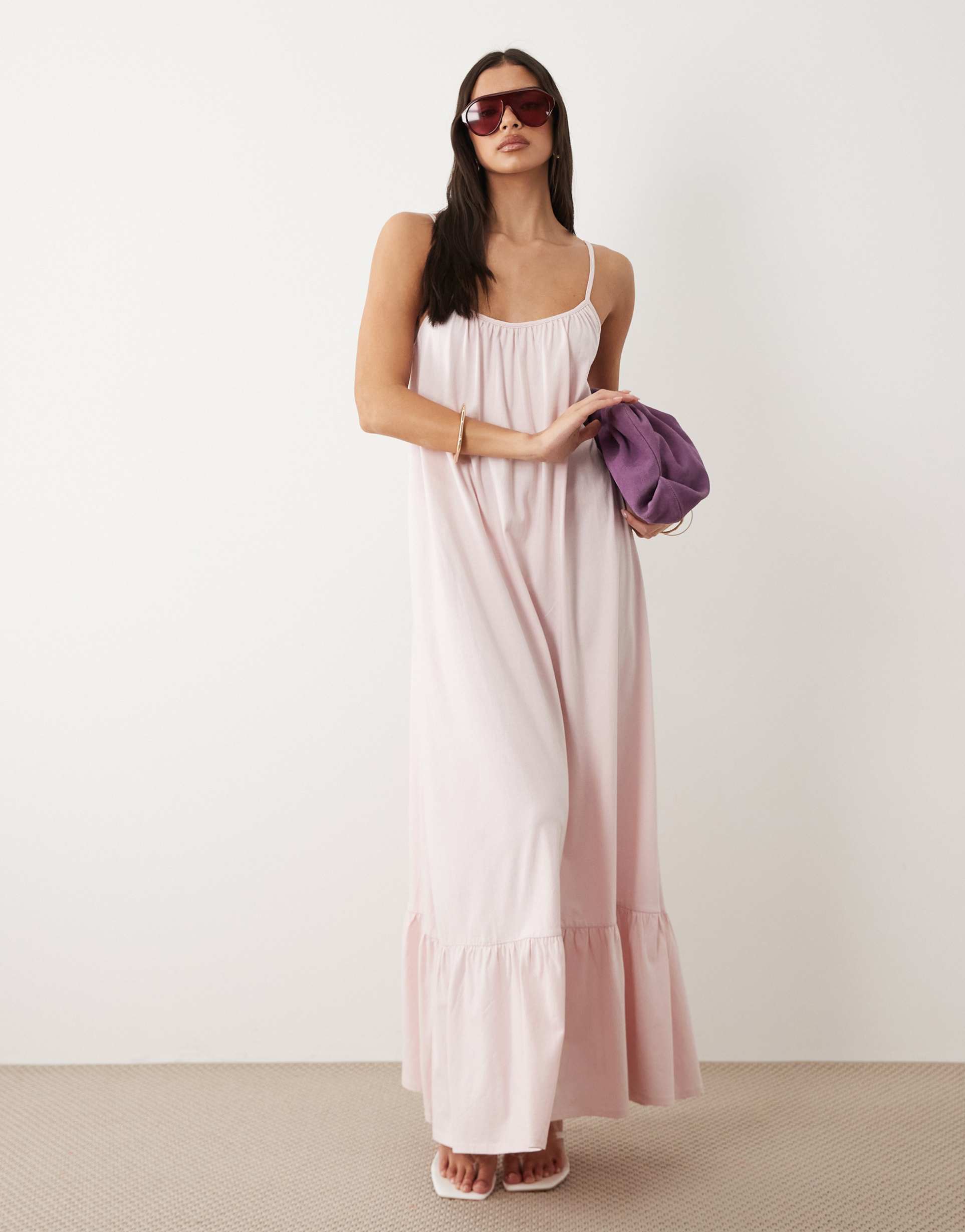 gina tricot pure cotton flowy strappy maxi dress in pink