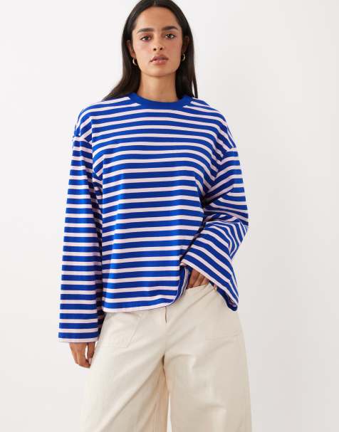 Gina Tricot pure cotton stripe long sleeve tee with wide sleeve in blue and pink - view 1
