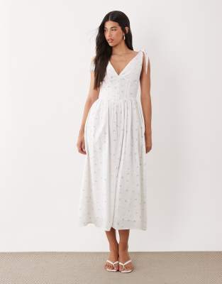 Gina Tricot pure cotton v neck midi dress with corset waist in white flower print