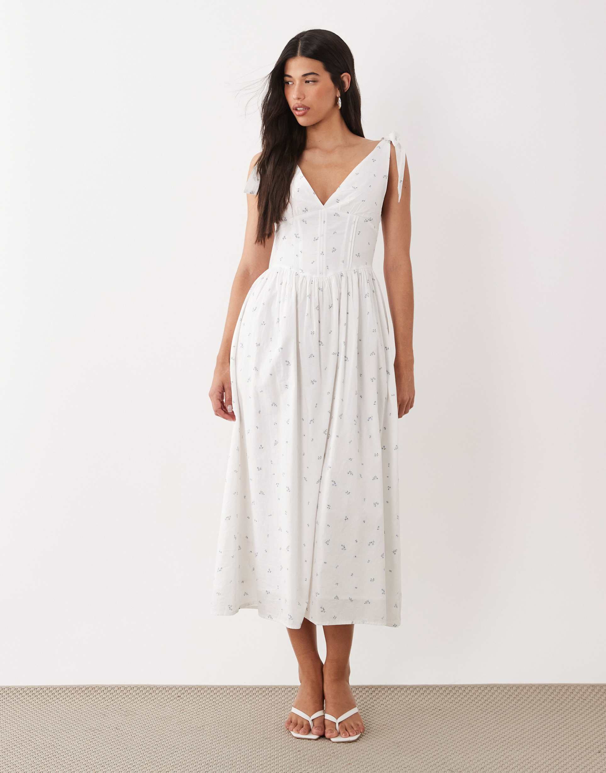 gina tricot pure cotton v-neck midi dress with corset waist in white flower print
