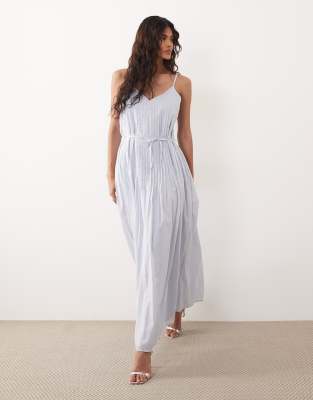 Gina Tricot pure cotton v neck strappy volume maxi dress in light blue