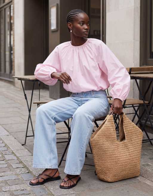 Gina Tricot pure cotton volume blouse with button back detail in pink, 10 of 11