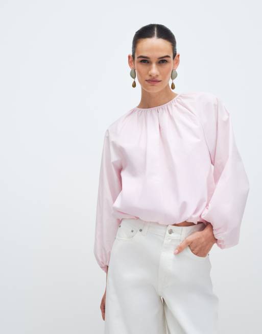 Gina Tricot pure cotton volume blouse with button back detail in pink, 3 of 11