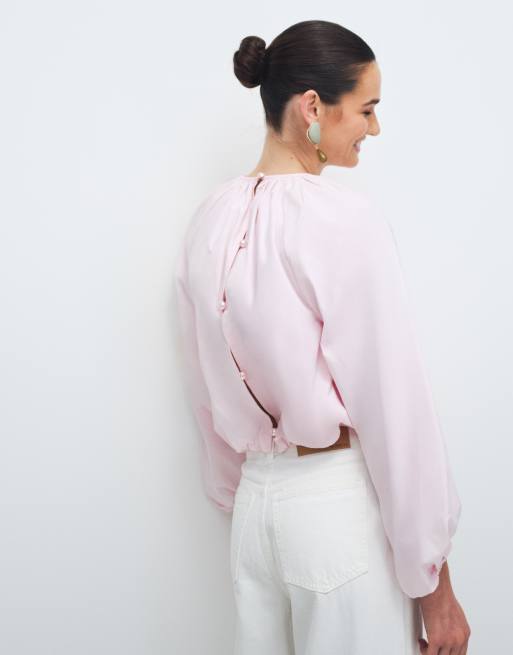 Gina Tricot pure cotton volume blouse with button back detail in pink, 4 of 11