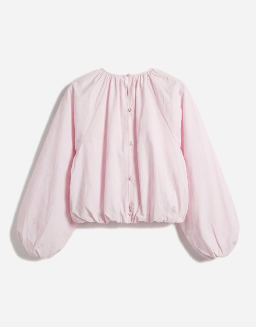 Gina Tricot pure cotton volume blouse with button back detail in pink, 6 of 11