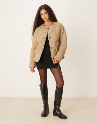 Gina Tricot Quilted Jacket With Front Flap Pockets In Neutral