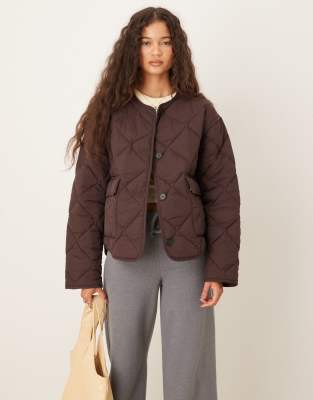 Gina Tricot Quilted Jacket With Front Flap Pockets In Brown