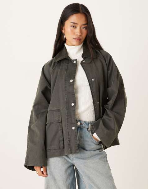 Gina Tricot quilted oversized corduroy jacket in dark khaki green with contrast cord collar - view 1