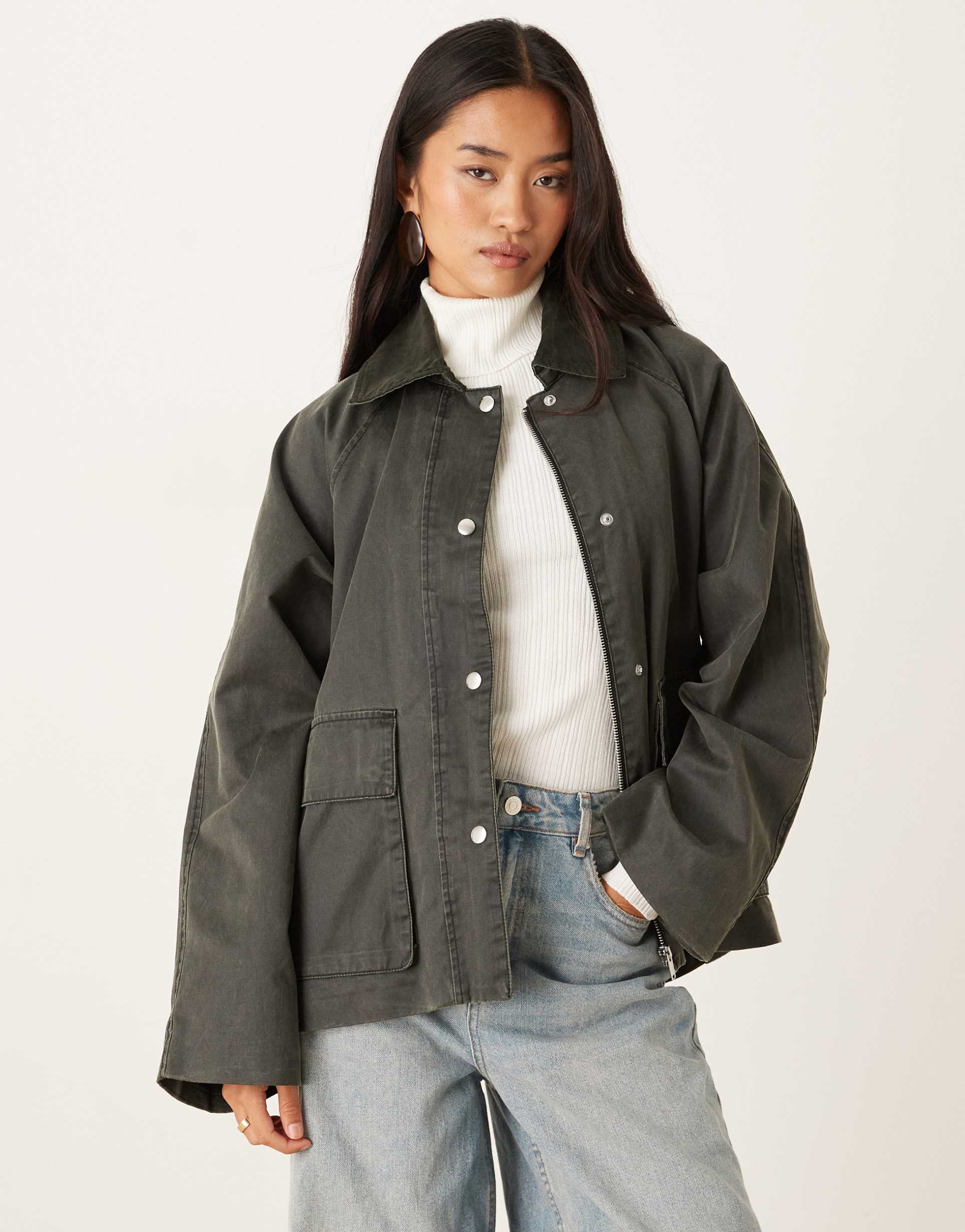 gina tricot quilted oversized jacket in dark khaki green with contrast corduroy collar