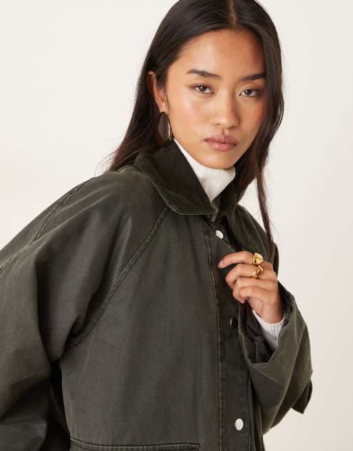 Gina Tricot quilted oversized jacket in dark khaki green with