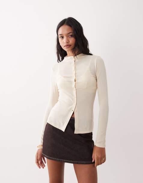 Gina Tricot - Råhvid slim fit-overdel med ståkrave og knapper - view 1