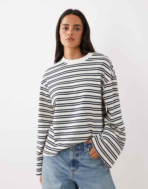Gina Tricot randig t-shirt i bomull med långa ärmar och vida ärmar i vitt och marinblått - view 1