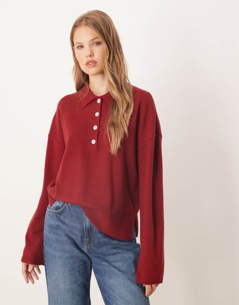 Gina Tricot - Rød strikket sweater med krave og lange ærmer - view 1