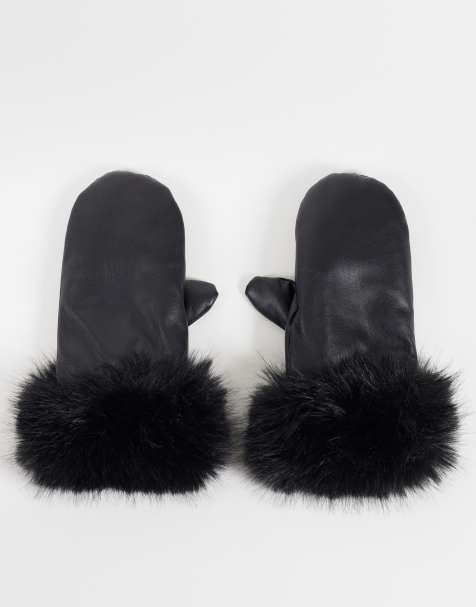 Gina Tricot rękawiczki z jednym palcem z imitacji skóry z wykończeniem z faux-fur w kolorze czarnym - view 1