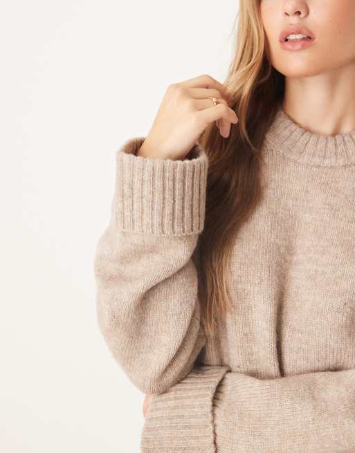 Gina Tricot relaxed crew neck folded sleeve knit sweater in beige
