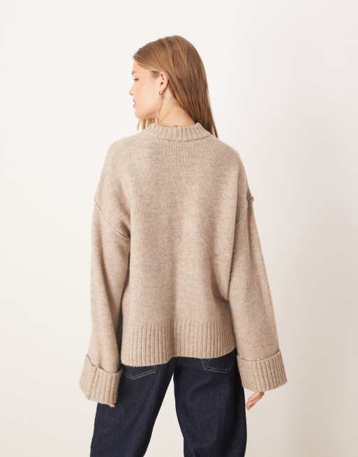 Gina Tricot relaxed crew neck folded sleeve knit sweater in beige